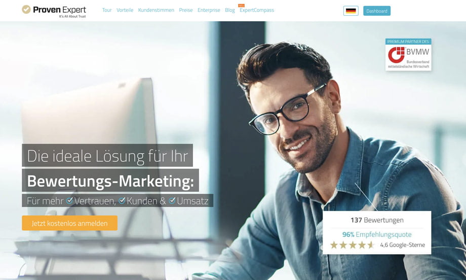 ProvenExpert-Seite zum Bewertungs-Marketing mit einem eingeblendeten Bewertungsfenster, das 137 Bewertungen und 4,6 Google-Sterne zeigt