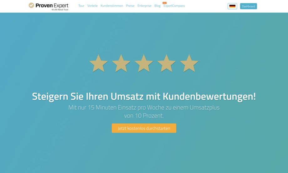 Startseite von ProvenExpert mit fünf Sternen und der Überschrift Steigern Sie Ihren Umsatz mit Kundenbewertungen