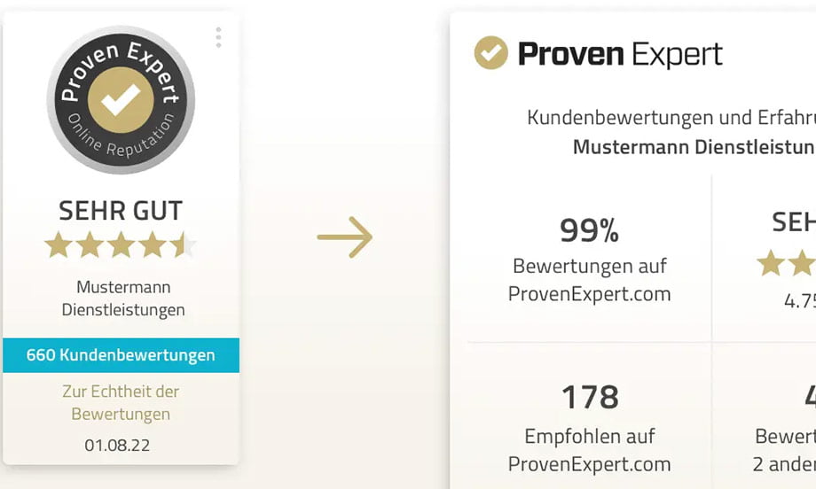 Zwei ProvenExpert-Bewertungssiegel nebeneinander, links das kompakte Siegel mit Gesamtnote, rechts die ausführliche Variante mit Kennzahlen
