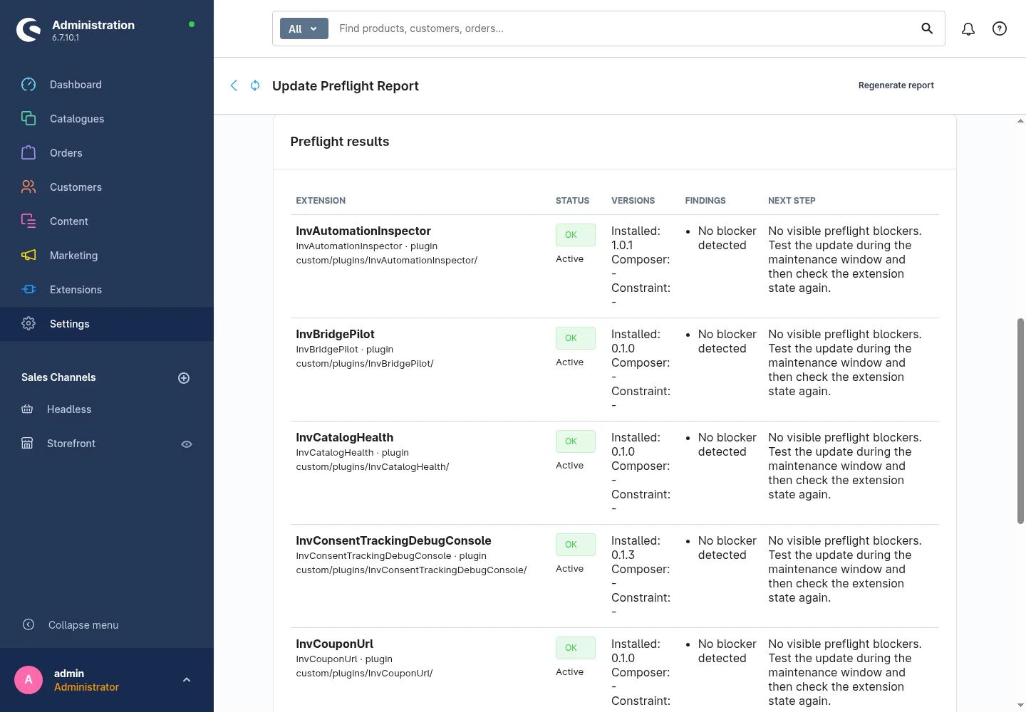 Der Preflight-Bericht listet jede Erweiterung mit Status, Version, Befund und nächstem Schritt